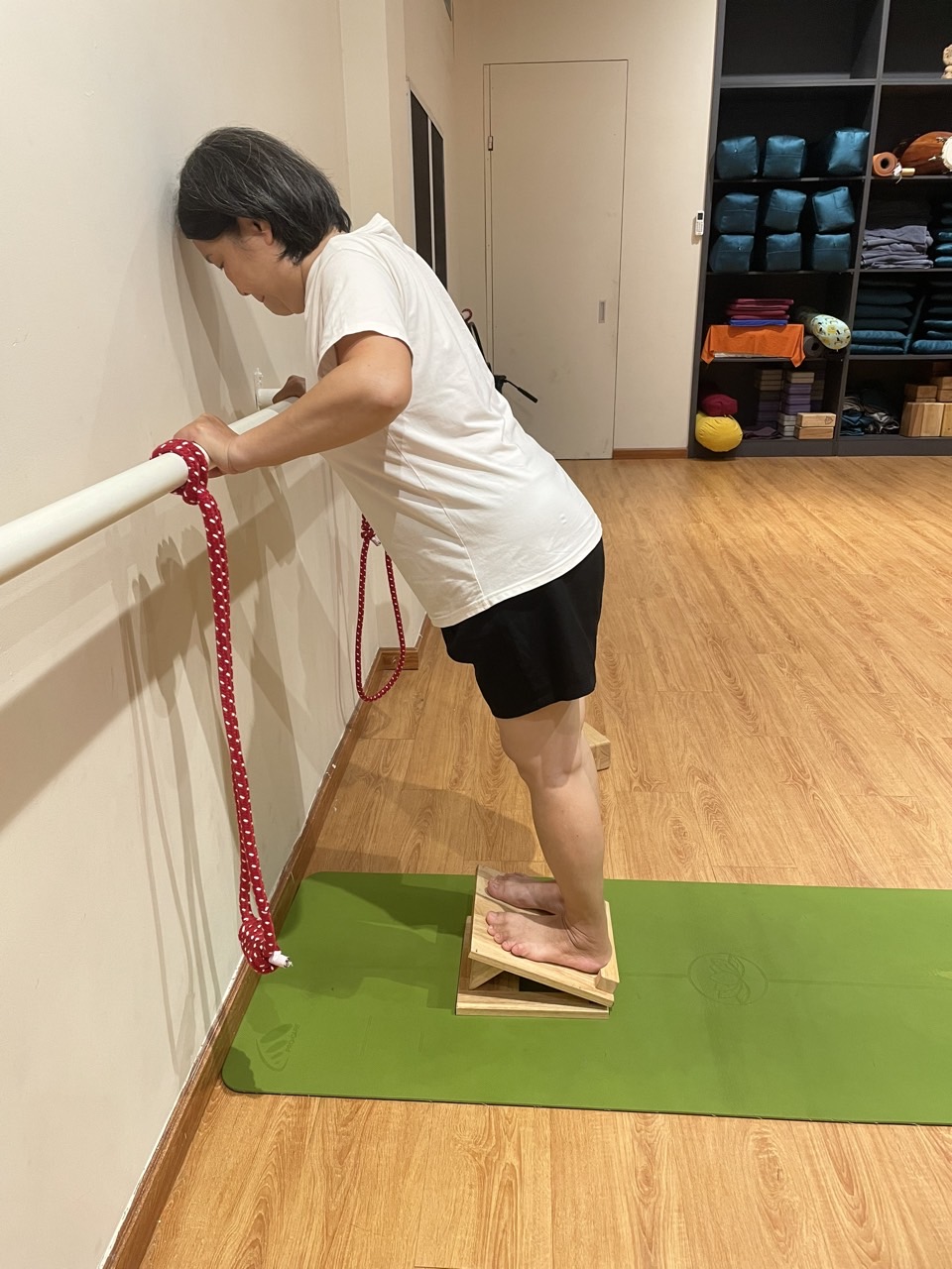 Minh họa biến thể tư thế Cây (Vrikshasana) cho người cao tuổi: đứng cạnh tường, một tay bám thanh vịn để giữ thăng bằng tuyệt đối