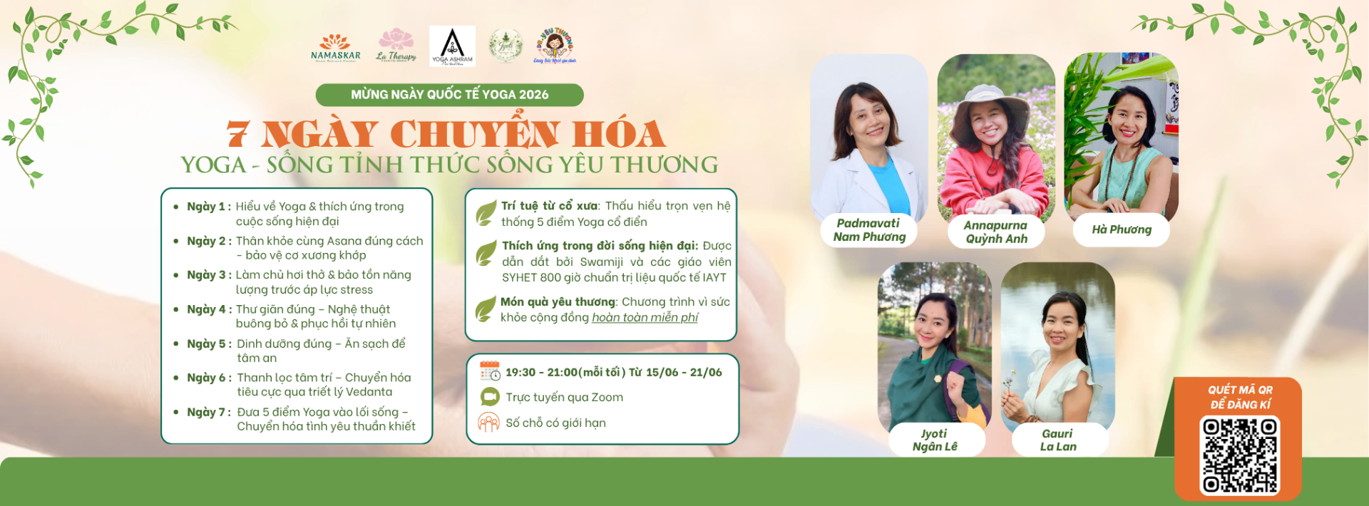 Poster 7 Ngày Chuyển Hóa — Mừng Ngày Quốc tế Yoga 2026, đội ngũ giáo viên Padmavati Nam Phương, Annapurna Quỳnh Anh, Hà Phương, Jyoti Ngân Lê, Gauri La Lan