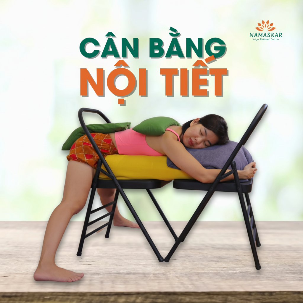Học viên nữ thực hành tư thế yoga thích ứng phục hồi với ghế hỗ trợ và gối bolster tại phòng tập Namaskar TP.HCM